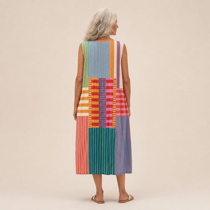 Estela | Vestido midi sin mangas con patchwork de rayas
