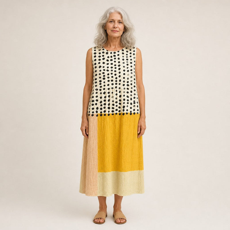 Alba | Vestido midi sin mangas con lunares y bloques de color