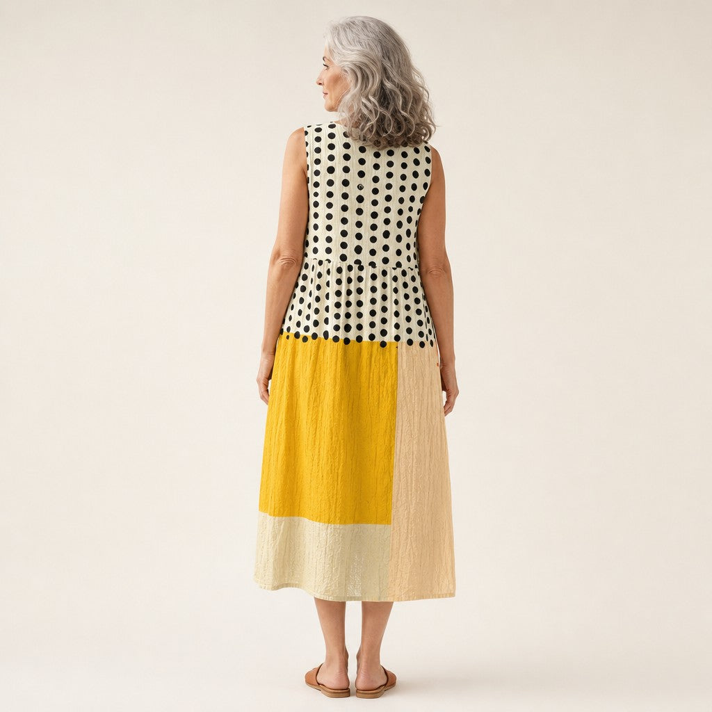 Alba | Vestido midi sin mangas con lunares y bloques de color