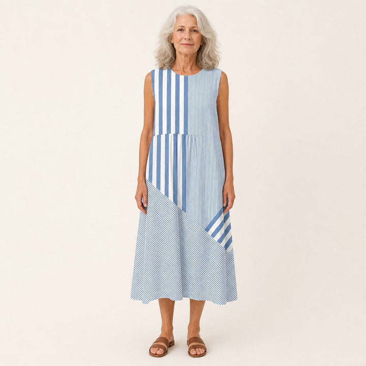 Almudena | Vestido midi sin mangas de rayas azules y blancas