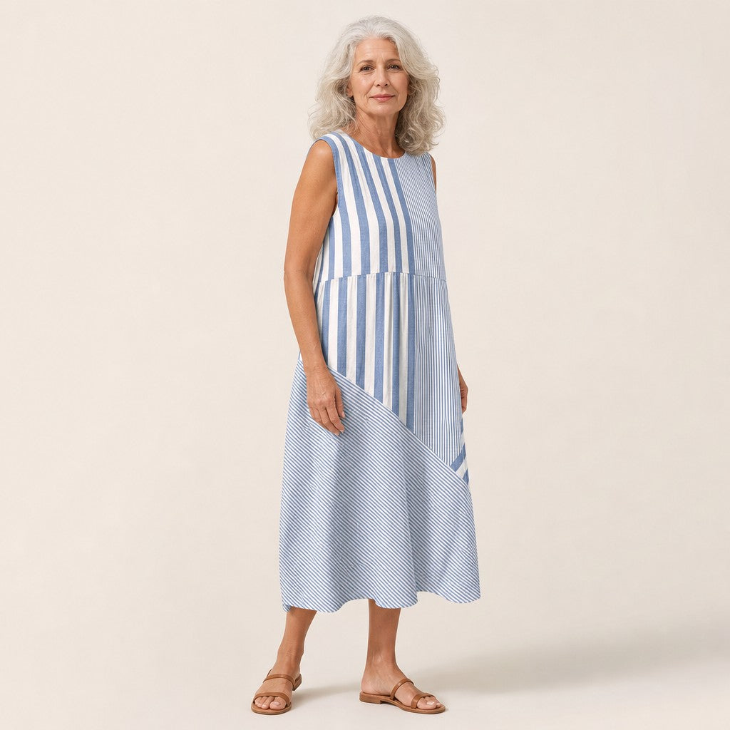 Almudena | Vestido midi sin mangas de rayas azules y blancas