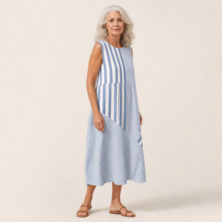 Almudena | Vestido midi sin mangas de rayas azules y blancas