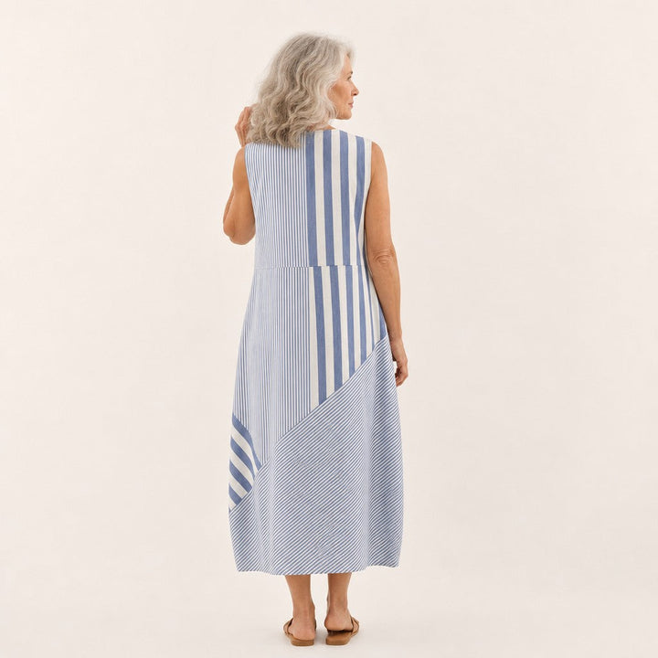 Almudena | Vestido midi sin mangas de rayas azules y blancas