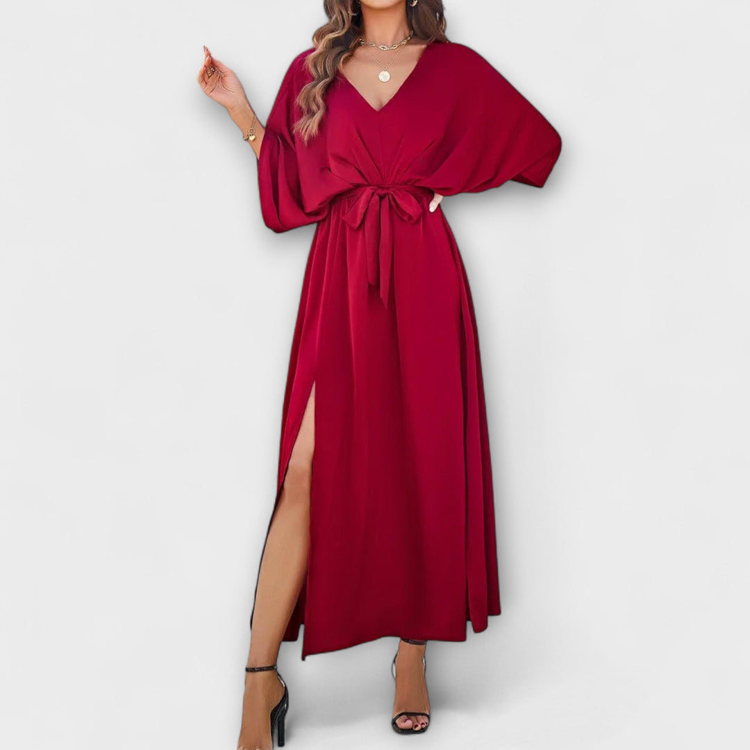 Almudena | Vestido maxi con escote en pico y cinturón