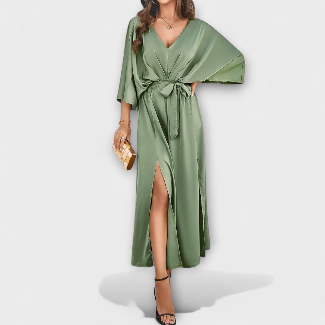 Almudena | Vestido maxi con escote en pico y cinturón