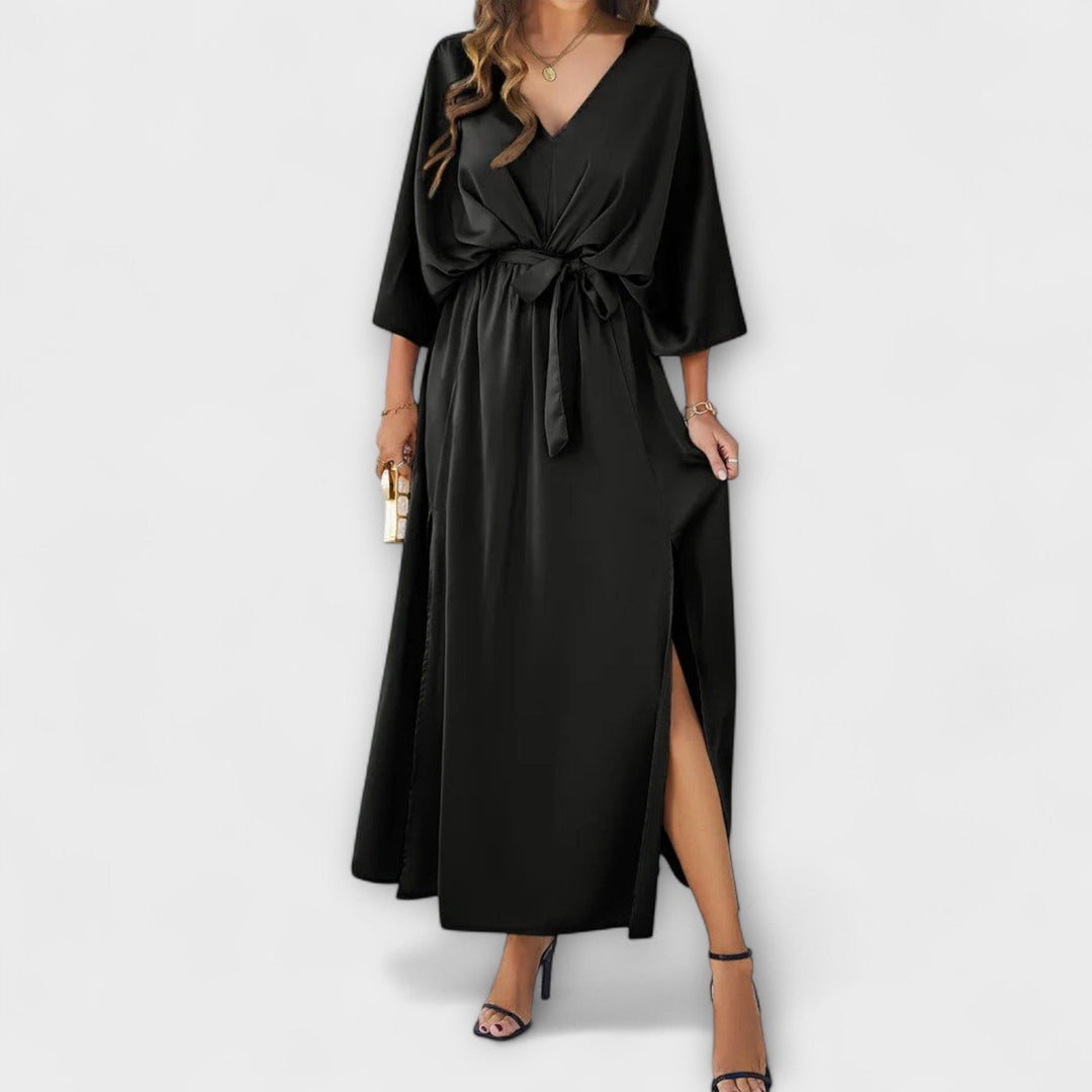 Almudena | Vestido maxi con escote en pico y cinturón