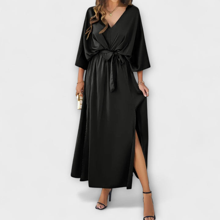 Almudena | Vestido maxi con escote en pico y cinturón