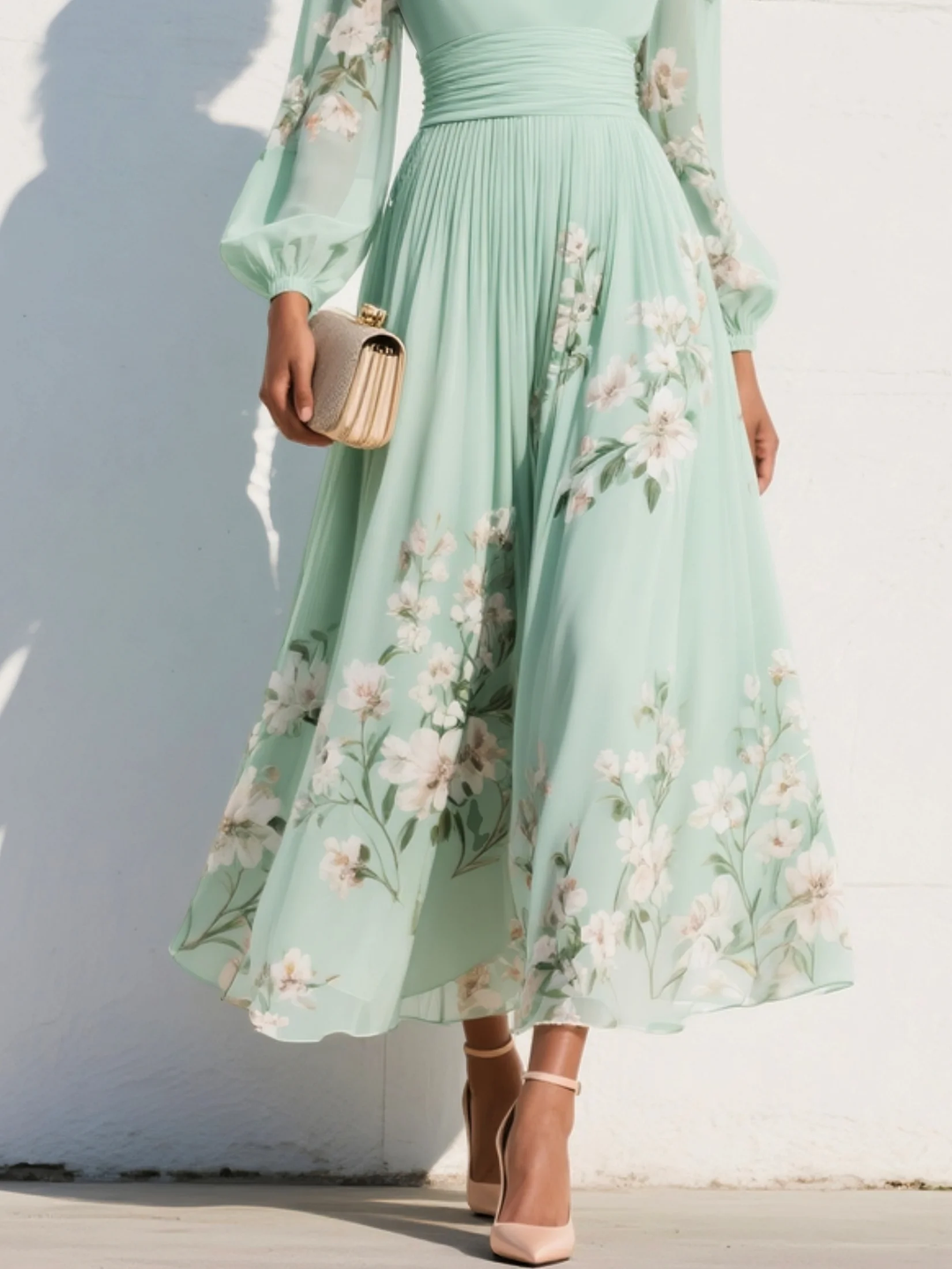 Ariadna | Vestido midi de gasa verde con escote en V y flores bordadas
