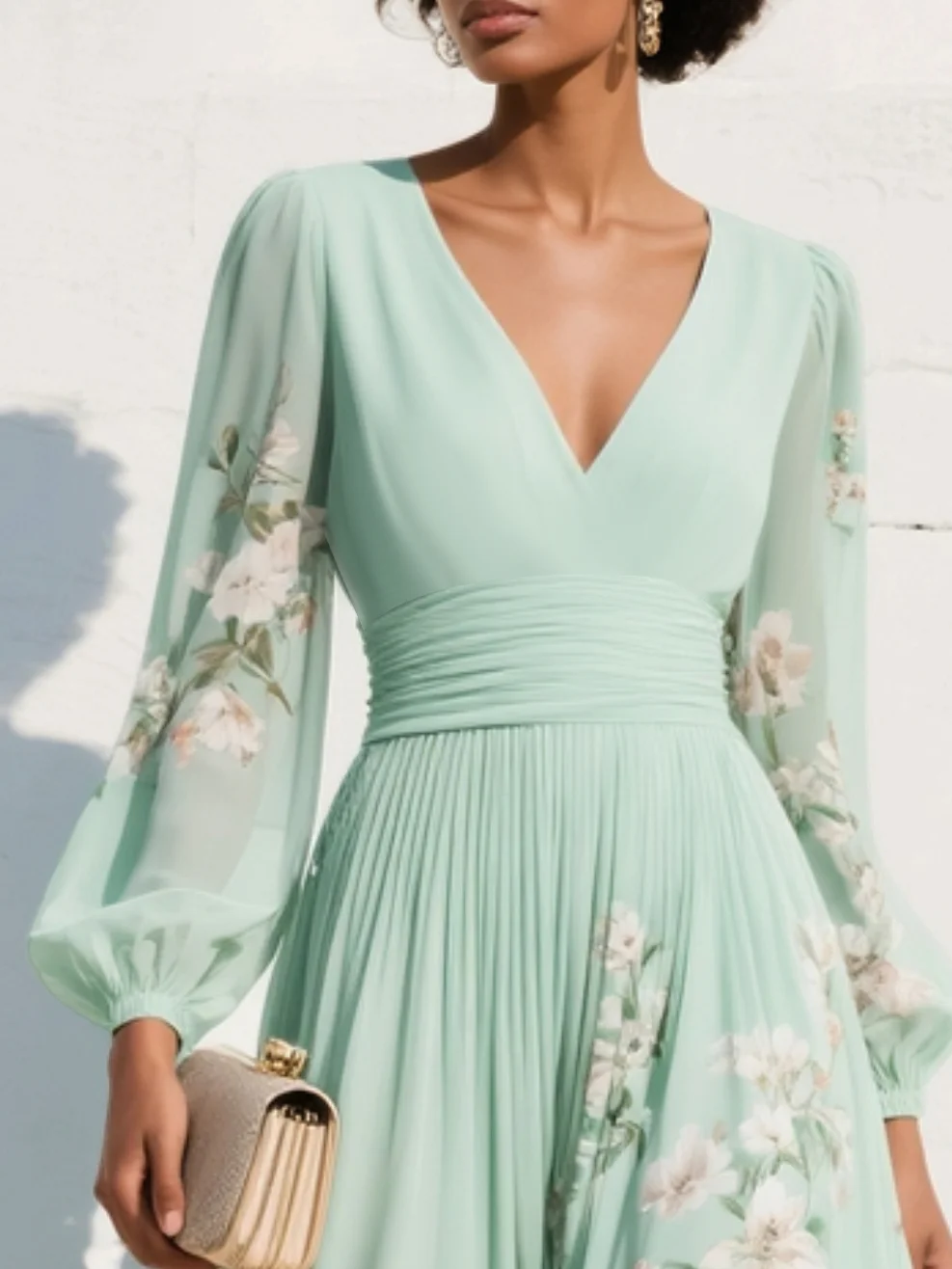 Ariadna | Vestido midi de gasa verde con escote en V y flores bordadas
