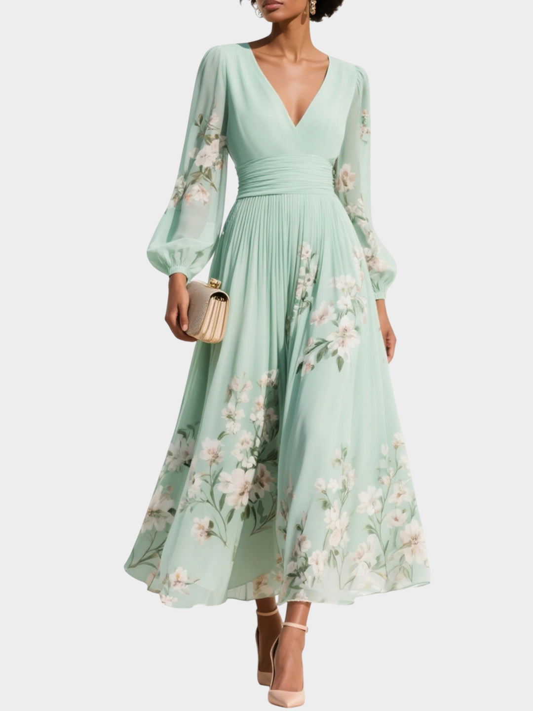 Ariadna | Vestido midi de gasa verde con escote en V y flores bordadas