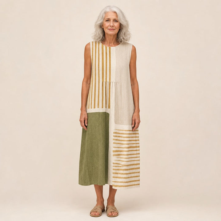 Carolina | Vestido midi sin mangas en oliva, beige y dorado