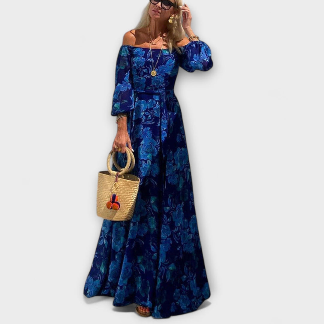 Hortensia | Vestido maxi floral con hombros descubiertos