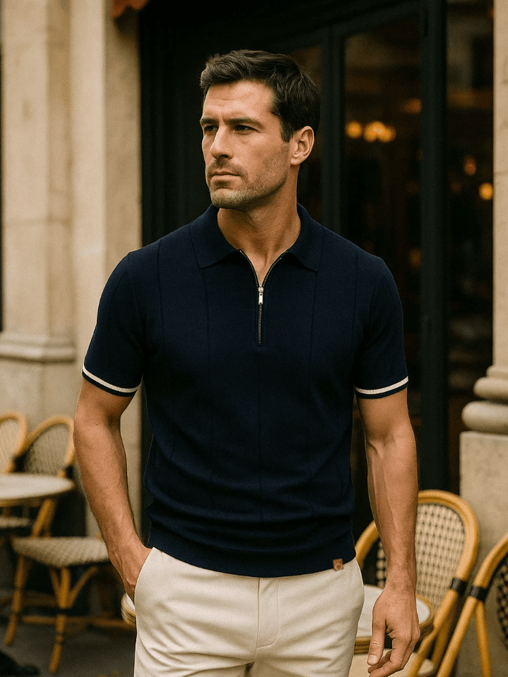 Amancio | Polo de punto camel con cuello de cremallera