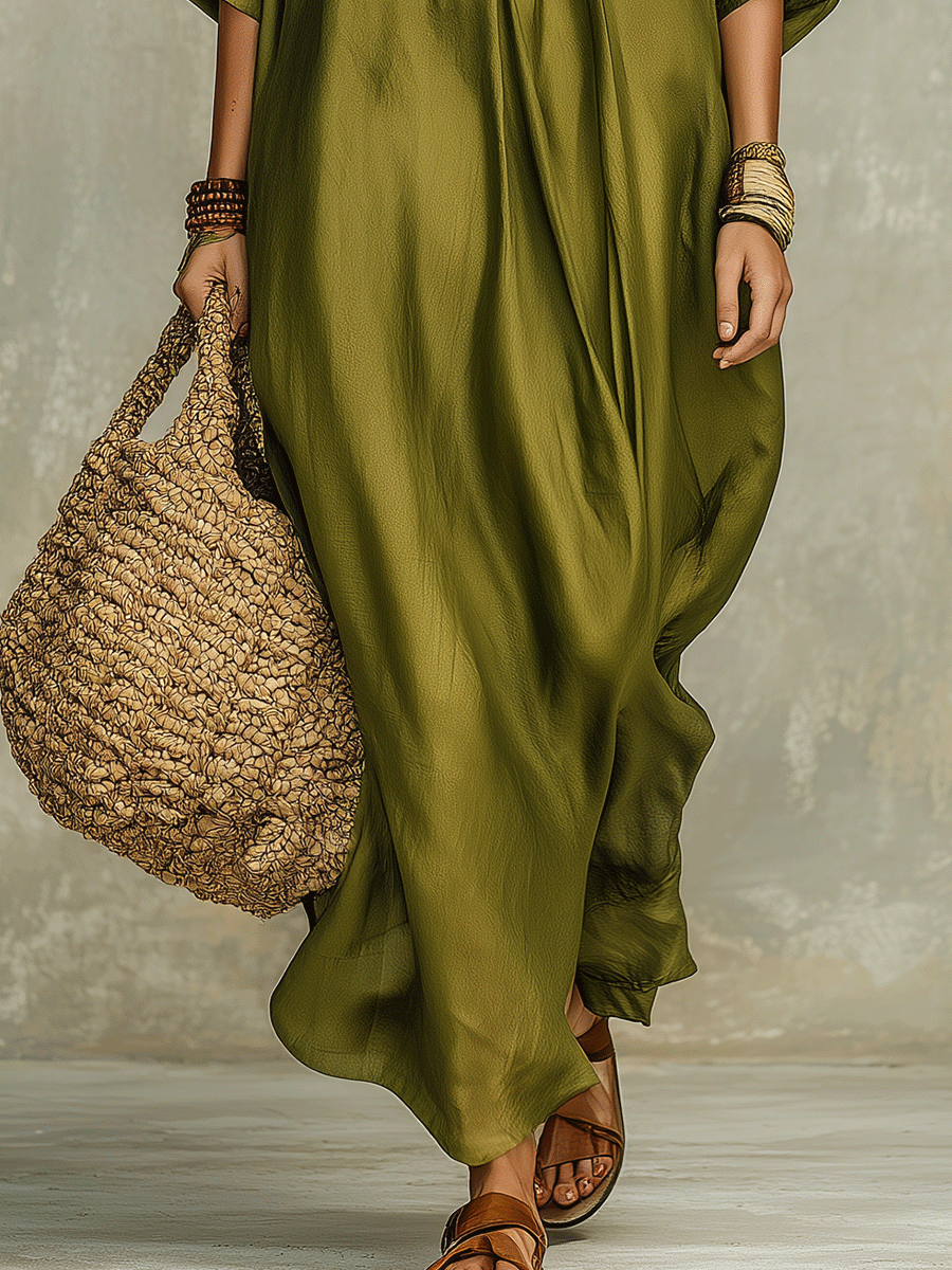 Aroa | Vestido largo verde oliva de corte holgado