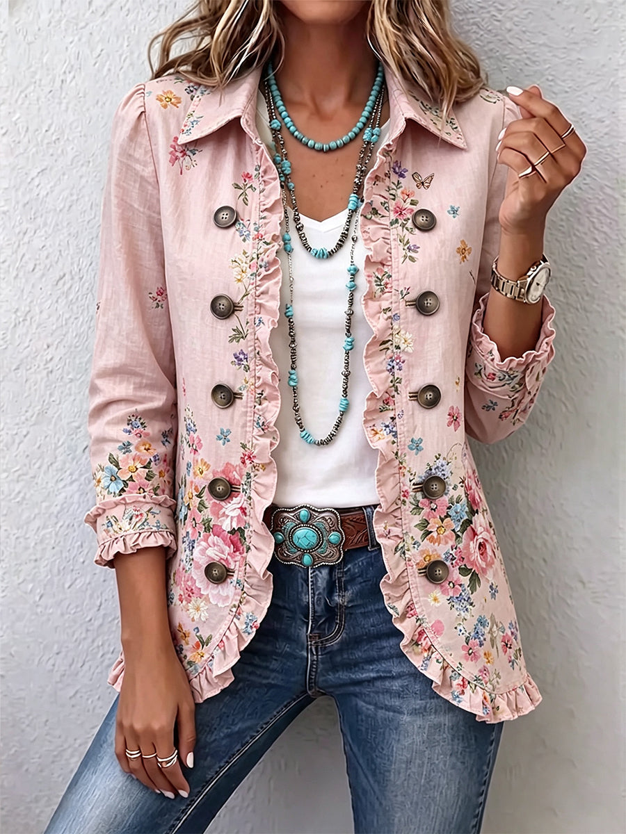Blanca | Chaqueta floral con volantes y botones