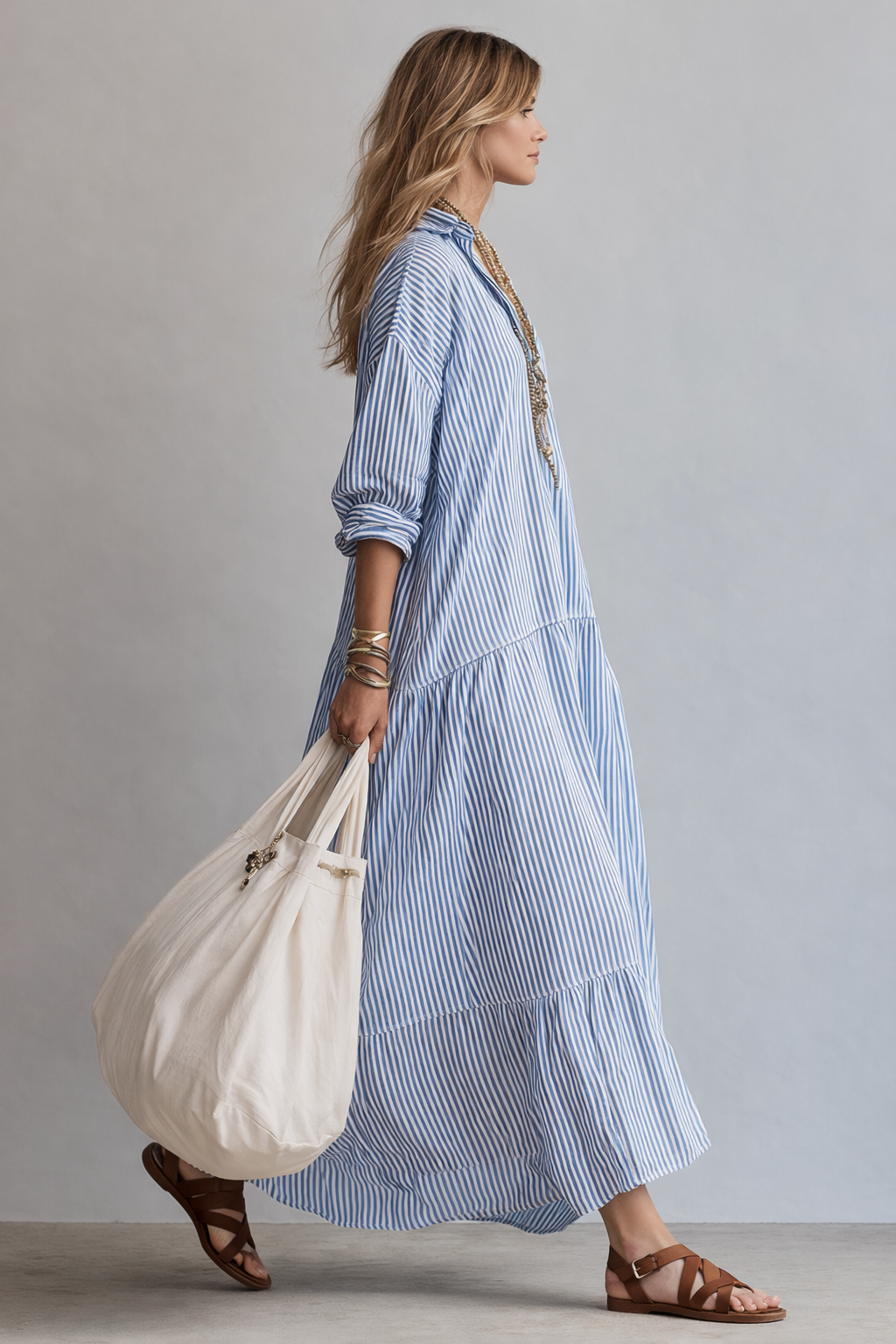 Rosana | Vestido camisero largo a rayas azules