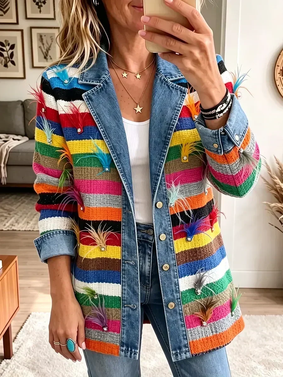 Carolina | Chaqueta vaquera con estampado de plumas vintage