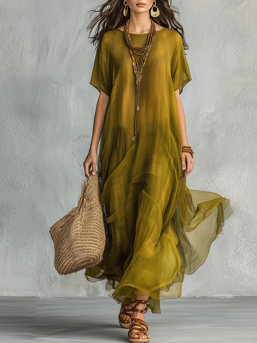 Abril | Vestido largo verde oliva con caída drapeada