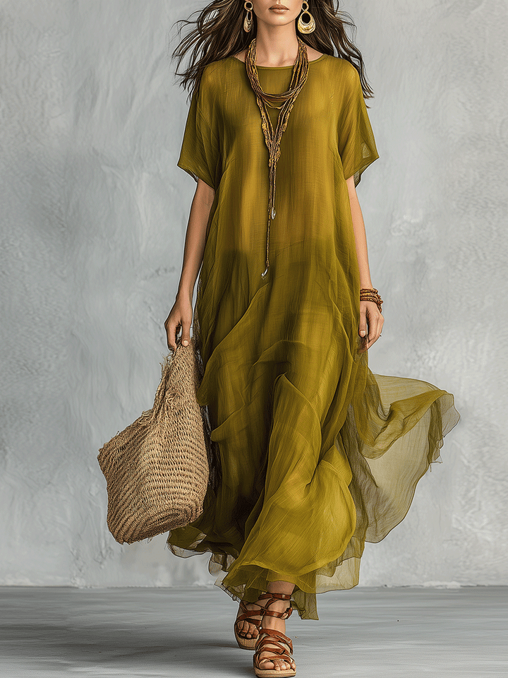 Abril | Vestido largo verde oliva con caída drapeada