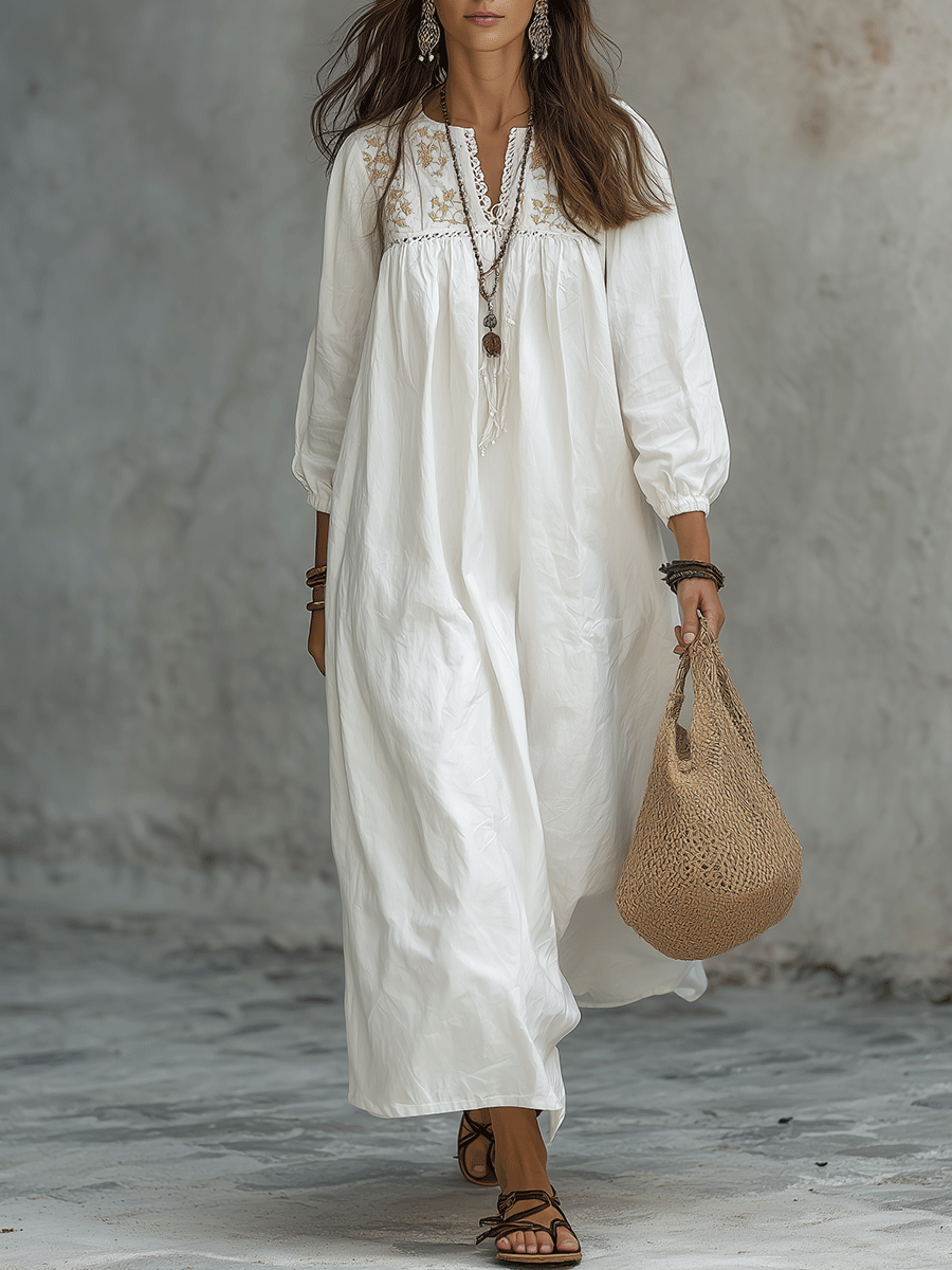 Eider | Vestido largo blanco con bordado floral