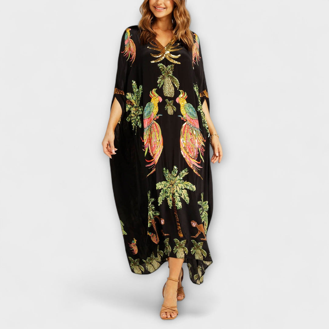 Gema | Vestido maxi con estampado de palmeras