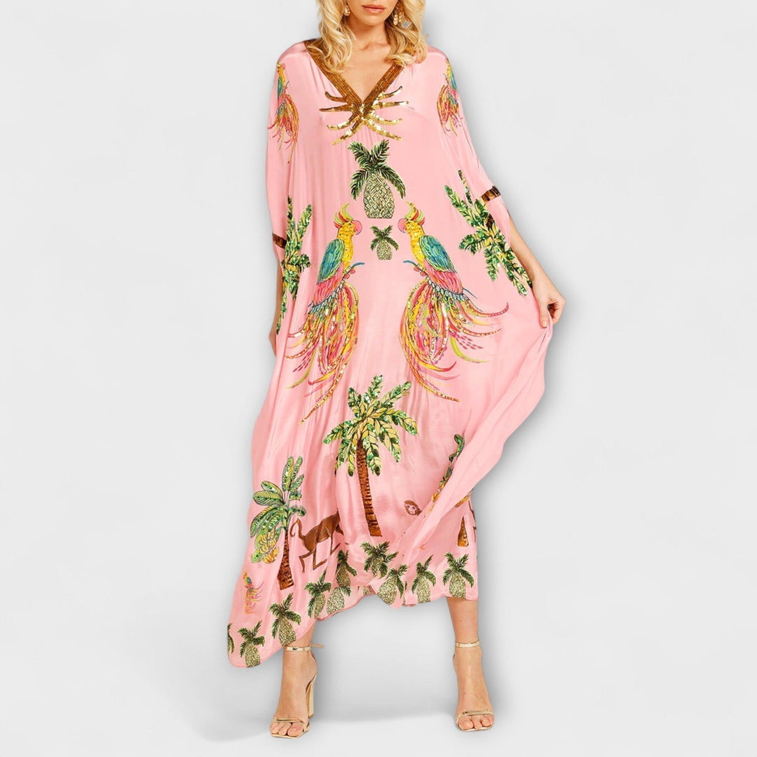 Gema | Vestido maxi con estampado de palmeras