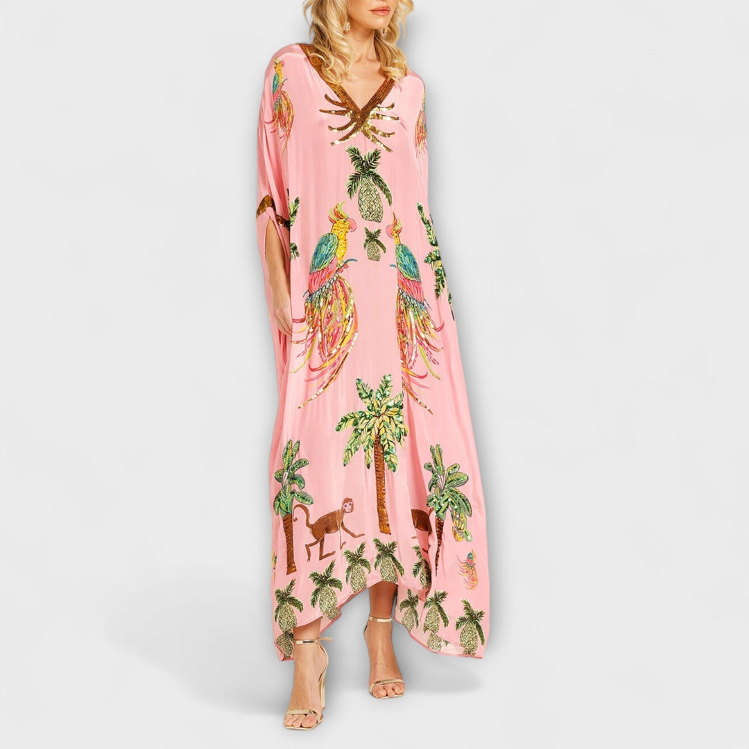 Gema | Vestido maxi con estampado de palmeras