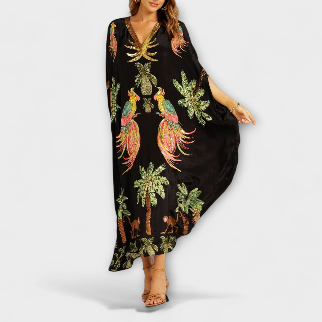 Gema | Vestido maxi con estampado de palmeras