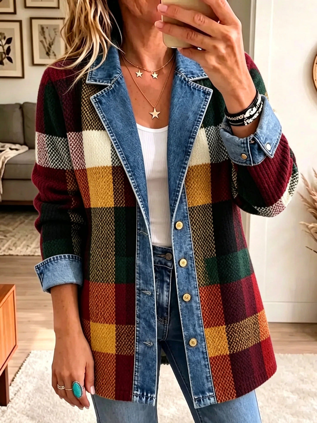 Elisa | Chaqueta vaquera de cuadros y bloques de color