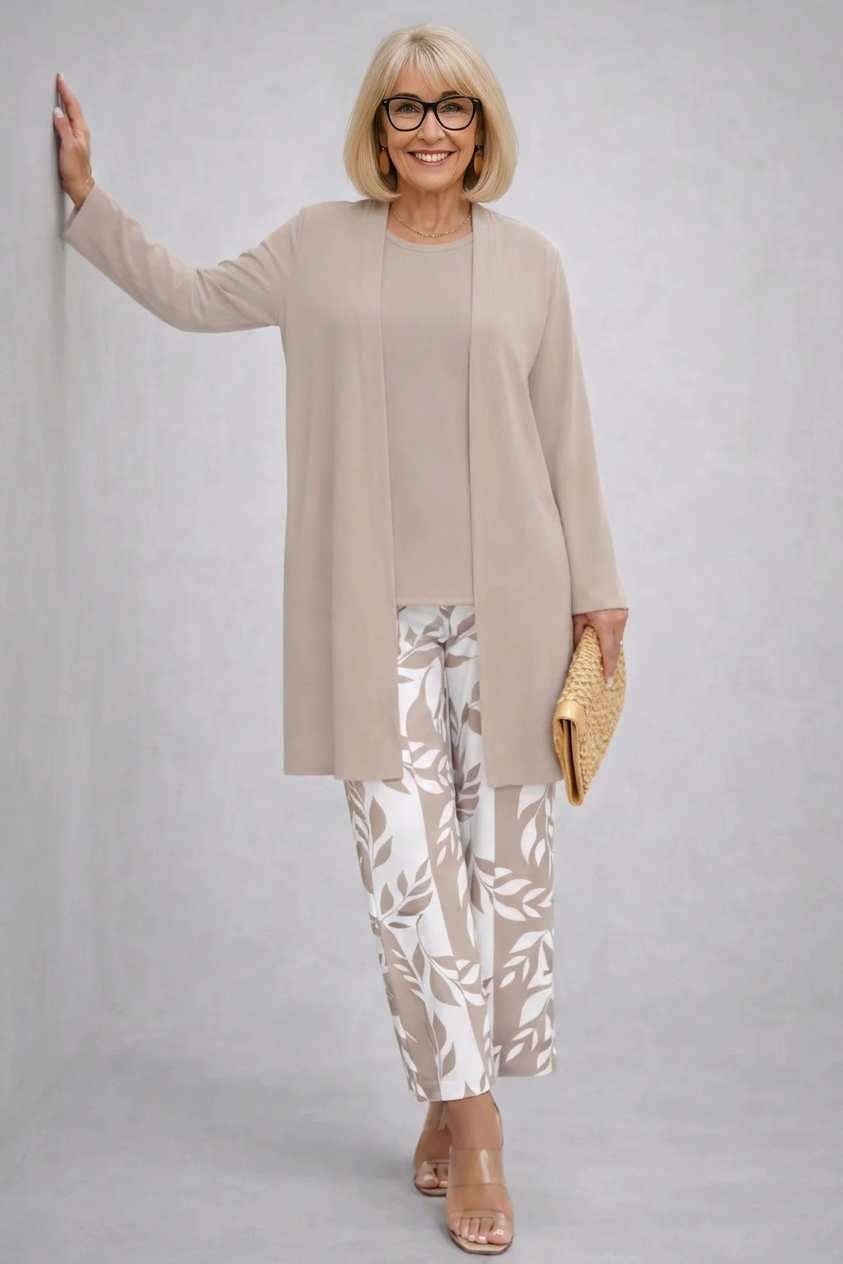 Isabel | Conjunto de tres piezas con pantalón estampado en beige