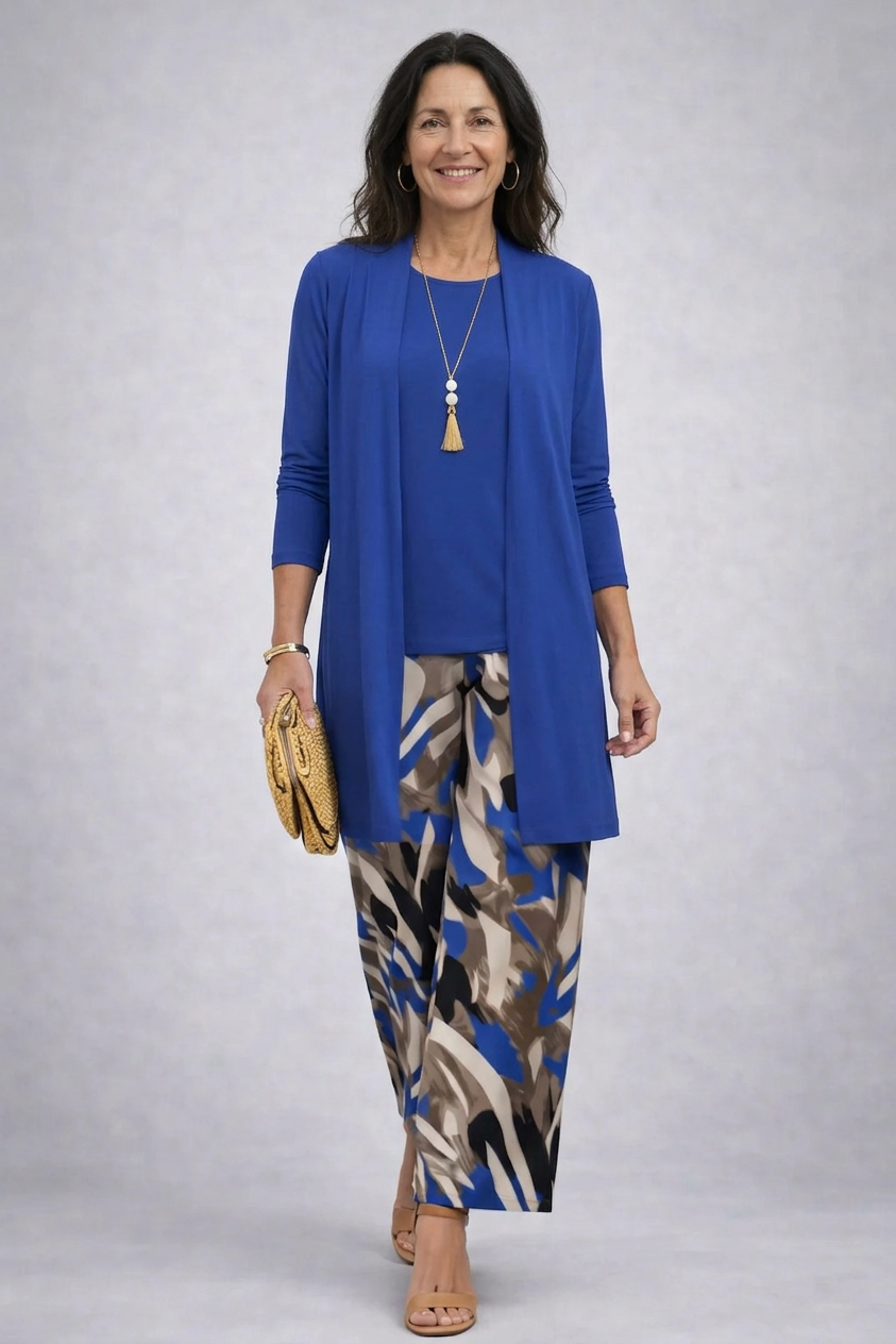 Nuria | Conjunto de tres piezas con estampado abstracto en azul