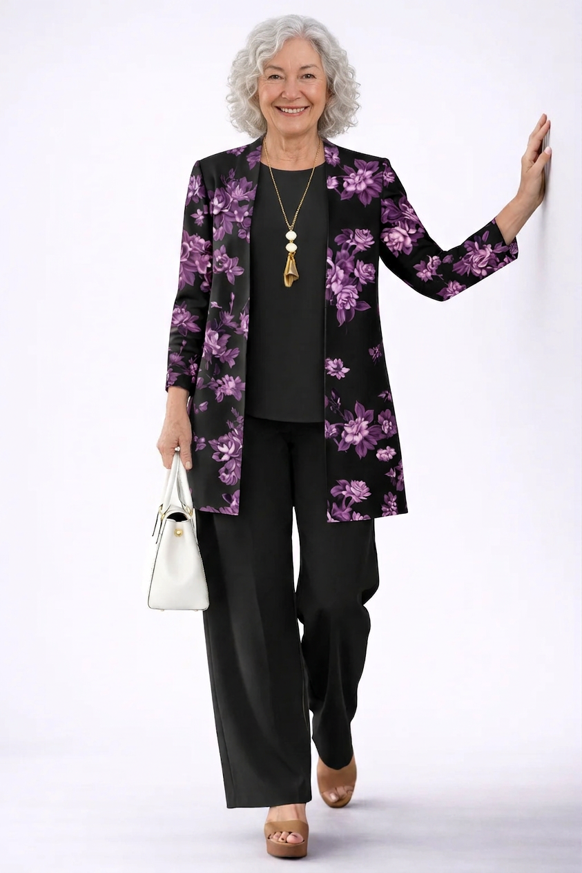 Marta | Conjunto de tres piezas con chaleco floral en negro