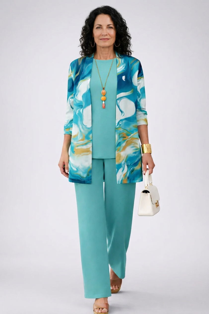 Ángela | Conjunto de tres piezas con chaqueta de mármol en azul