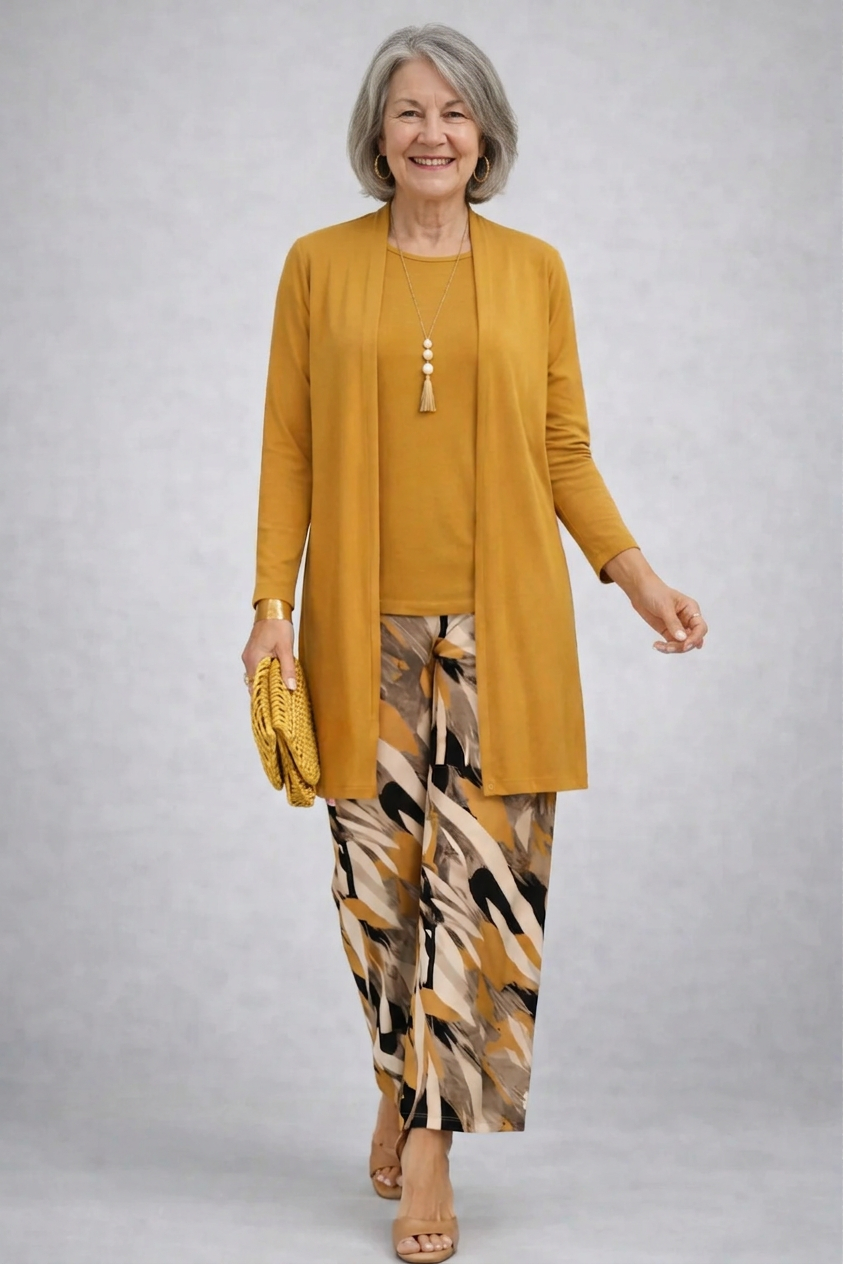 Inés | Conjunto de tres piezas con estampado abstracto en amarillo