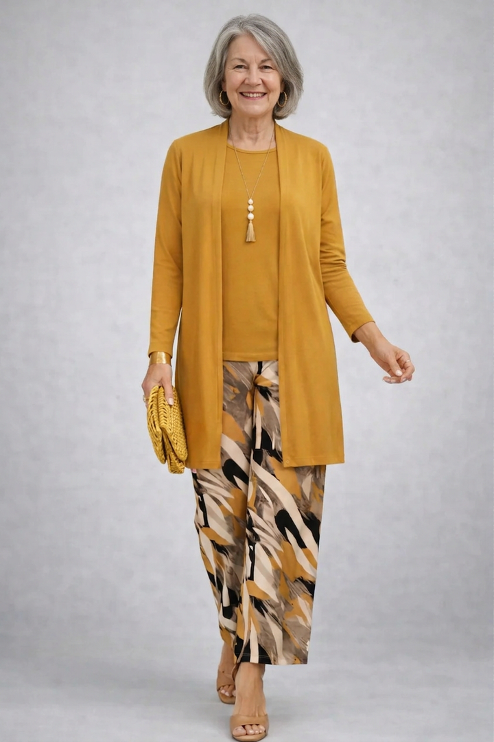 Inés | Conjunto de tres piezas con estampado abstracto en amarillo