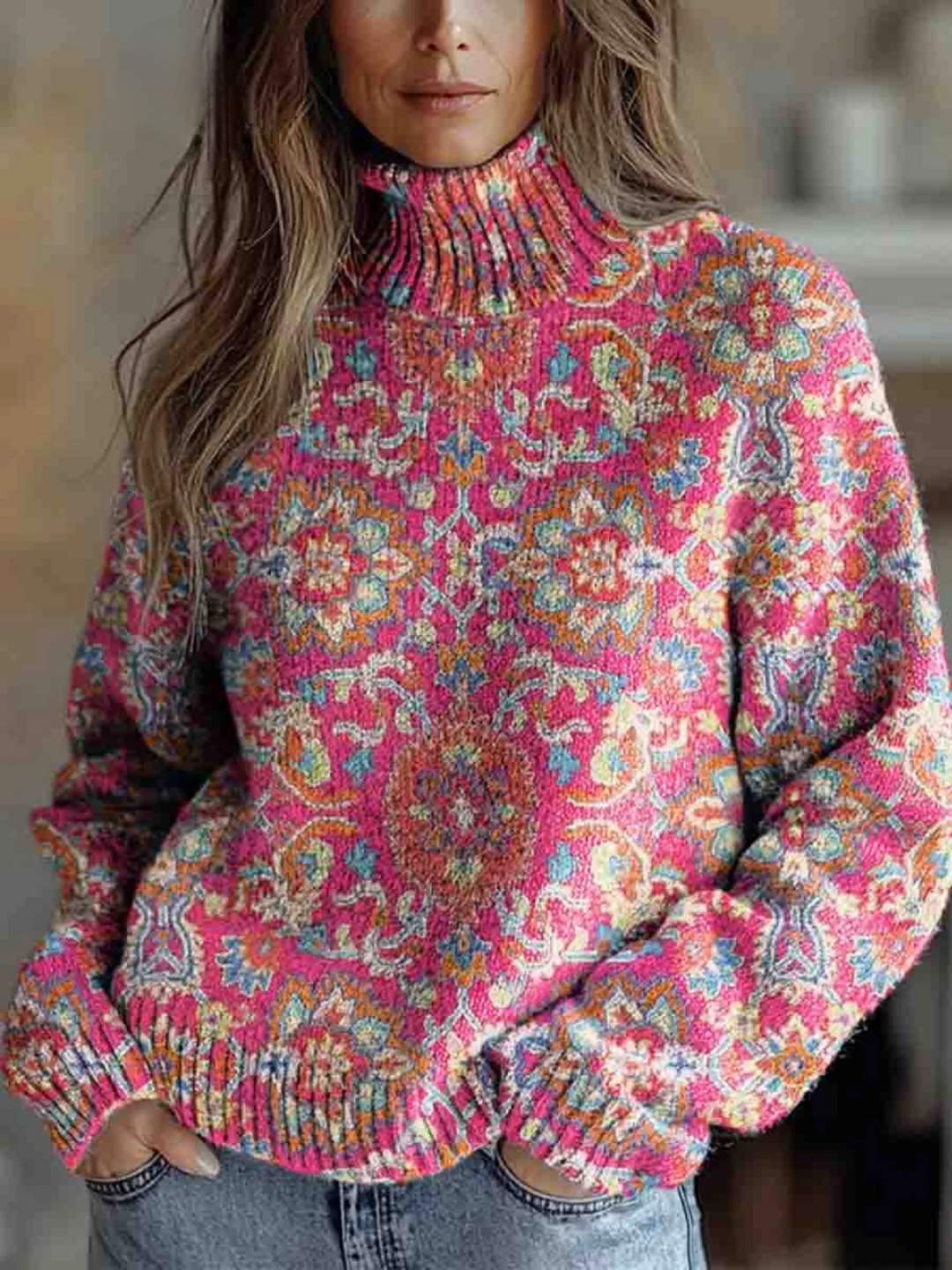 Leocadia | Jersey de cuello alto de flores retro