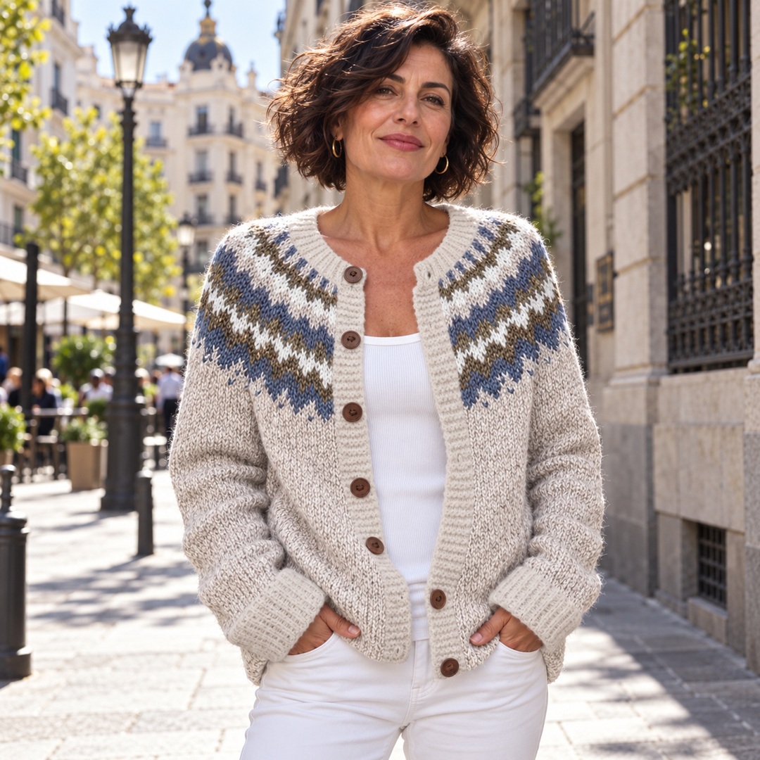 Lidia | Cárdigan islandés en crudo con motivo azul