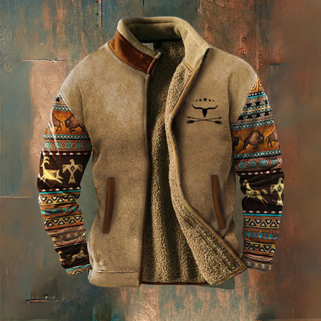 Marcos | Forro polar color camel con mangas estampadas