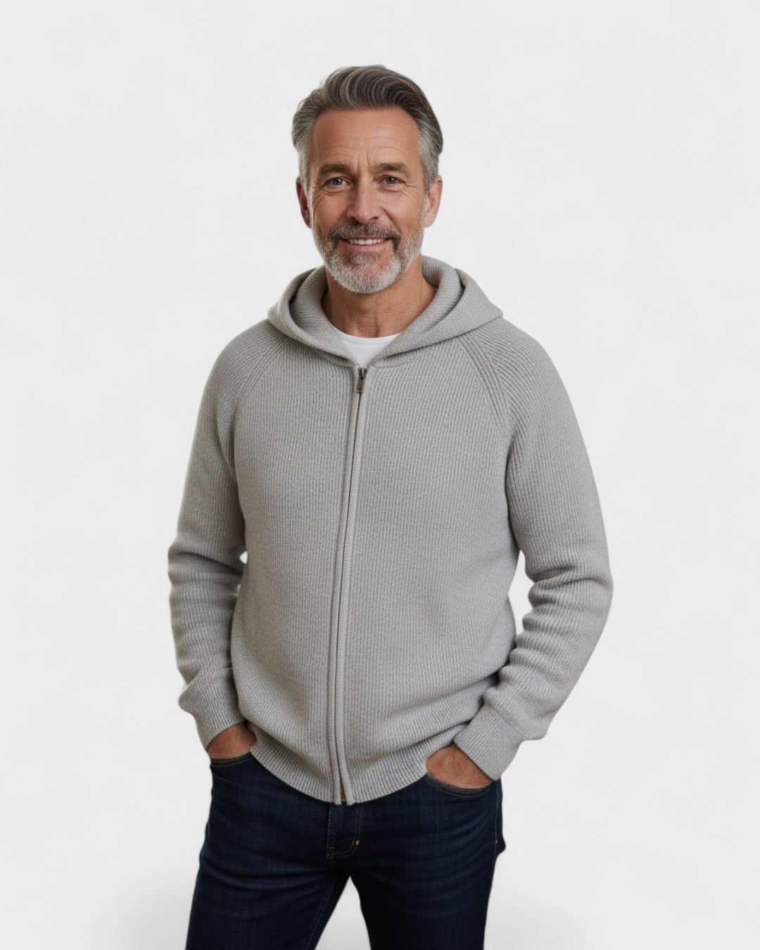 Maximiliano | Sudadera de punto gris claro con capucha y cremallera