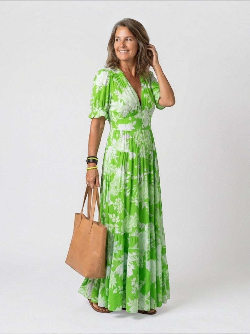 Dolores | Vestido largo con flores sobre rosa