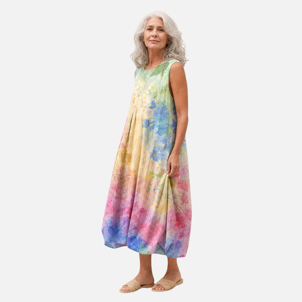 Cristina | Vestido midi sin mangas con acuarela multicolor