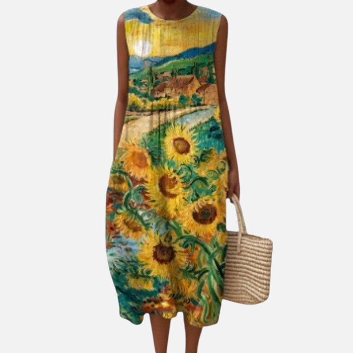 Amaya | Vestido midi sin mangas con campo de girasoles