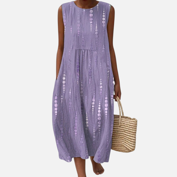 Carmen | Vestido midi sin mangas en lila con bandas de puntos