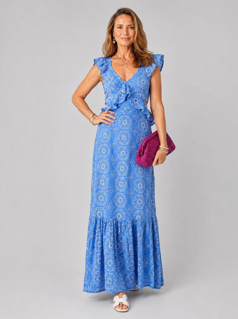 Blanca | Vestido largo azul con bordado inglés