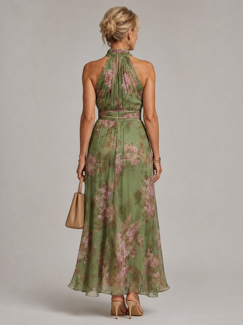 Clara | Vestido largo con rosas sobre verde oliva