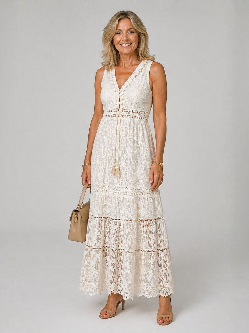 Beatriz | Vestido largo en crema con encaje