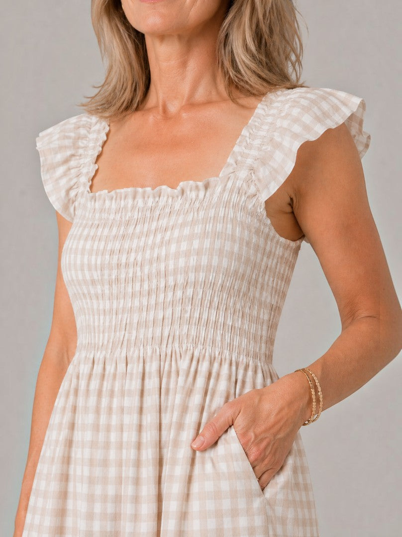 Amaya | Vestido largo de cuadros con canesú fruncido