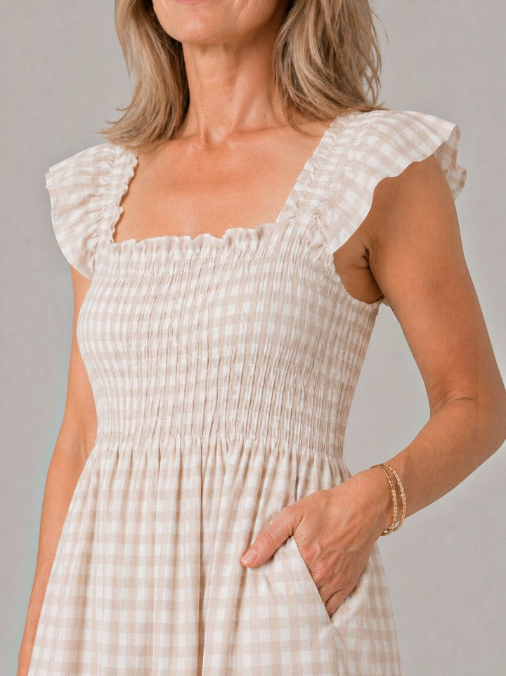Amaya | Vestido largo de cuadros con canesú fruncido