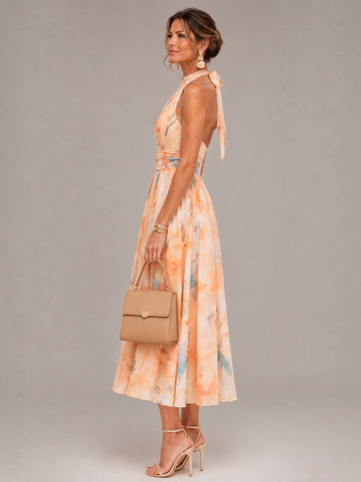 Daniela | Vestido midi con acuarela en albaricoque