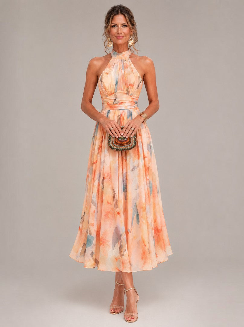 Daniela | Vestido midi con acuarela en albaricoque